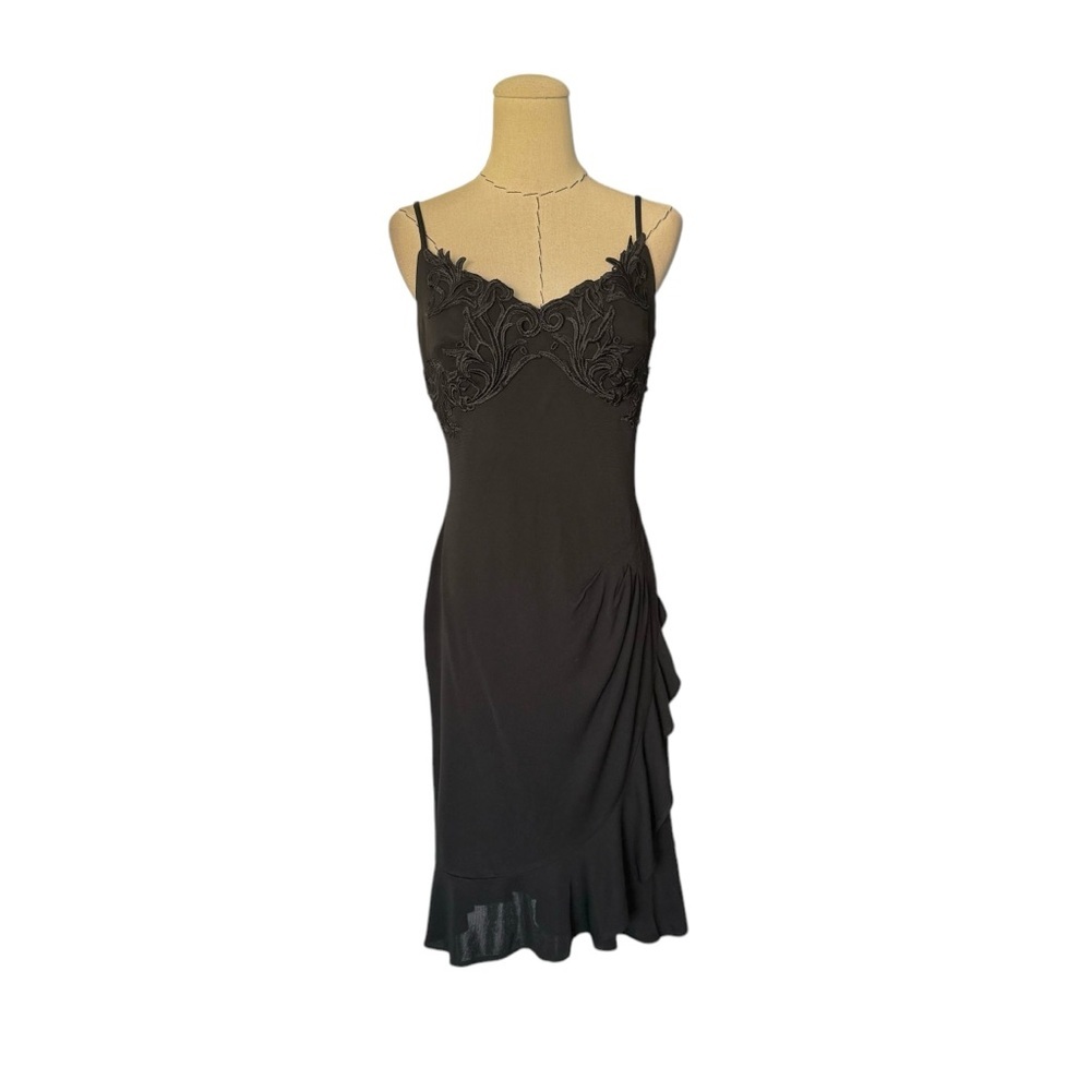 Vintage 90s Terry Paris Black Cocktail Evening Dress Draping Embroidery S M - Picture 2 of 11